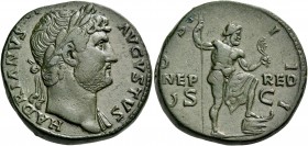 Hadrian, 117-138. Sestertius (Orichalcum, 32 mm, 27.73 g, 6 h), Rome, circa 125-126/7. HADRIANVS AVGVSTVS Laureate bust of Hadrian to right, with slig...