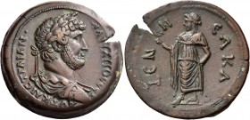 Hadrian, 117-138 AD. Drachm (Bronze, 34 mm, 25.77 g, 11 h), Alexandria in Egypt, year 9 and 10 = 19 = 134/135. AVT KAIC TPAIAN • A∆PIANOC CEB Laureate...