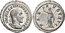 Maximinus I, 235-238. Denarius (Silver, 21 mm, 3.39 g, 12 h), Rome, 236. IMP MAXIMINVS PIVS AVG Laureate, draped and cuirassed bust of Maximinus to ri...