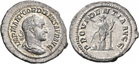 Gordian II, AD 238. Denarius (Silver, 22 mm, 3.26 g, 4 h), Rome. IMP M ANT GORDIANVS AFR AVG Laureate, draped and cuirassed bust of Gordian II to righ...
