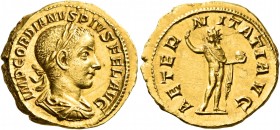 Gordian III, 238-244. Aureus (Gold, 20 mm, 5.24 g, 6 h), Rome, 240-243. IMP GORDIANVS PIVS FEL AVG Laureate, draped, and cuirassed bust of Gordian to ...