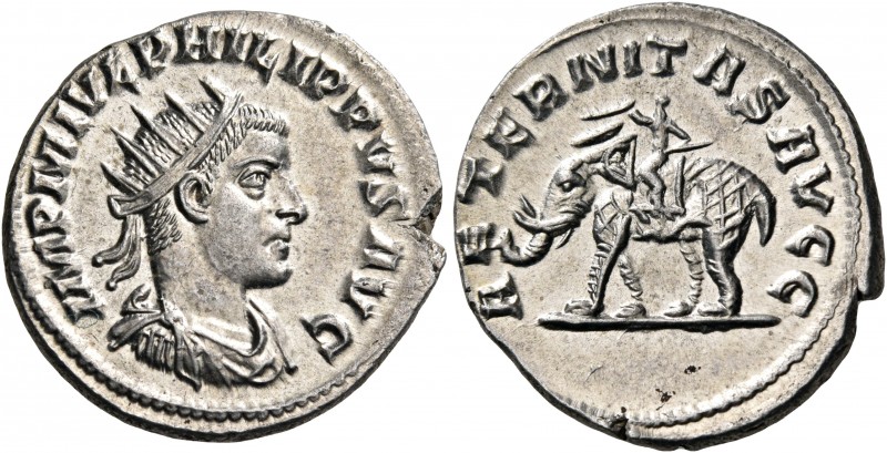 Philip II, 247-249. Antoninianus (Silver, 23 mm, 3.92 g, 4 h), Antioch. IMP M IV...