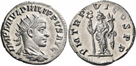 Philip II, 247-249. Antoninianus (Silver, 21.5 mm, 3.57 g, 7 h), Antioch, 249. IMP M IVL PHILIPPVS AVG Radiate, draped and cuirassed beardless bust of...