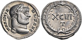 Maximianus, first reign, 286-305. Argenteus (Silver, 18 mm, 3.29 g, 12 h), Ticinum, circa 300. MAXIMIA-NVS AVG Laureate head of Galerius to right. Rev...
