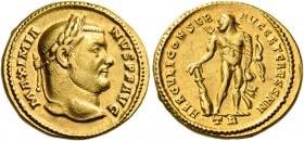 Maximianus, first reign, 286-305. Aureus (Gold, 17 mm, 5.35 g, 6 h), Treveri (Trier), 303. MAXIMIA-NVS P F AVG Laureate head of Maximianus to right. R...