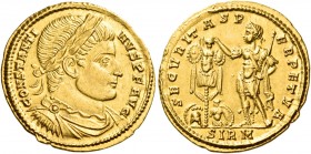 Constantine I, 307/310-337. Solidus (Gold, 20 mm, 4.44 g, 12 h), Sirmium, 323. CONSTANTI-NVS P F AVG Laureate, draped and cuirassed bust of Constantin...