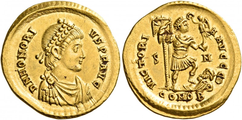Honorius, 393-423. Solidus (Gold, 21 mm, 4.50 g, 6 h), Sirmium, 9th officina (Θ)...