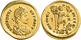 Honorius, 393-423. Solidus (Gold, 21 mm, 4.50 g, 6 h), Sirmium, 9th officina (Θ), 395-397. D N HONOR-IVS P F AVG Pearl-diademed, draped and cuirassed ...