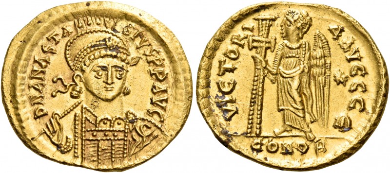 Anastasius I, 491-518. Solidus (Gold, 21 mm, 4.47 g, 6 h), Constantinople, E = 5...