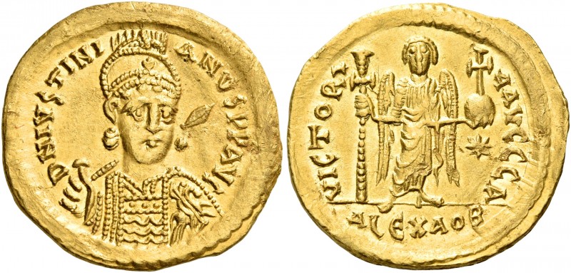 Justinian I, 527-565. Solidus (Gold, 21.5 mm, 4.49 g, 6 h), Alexandria, 1st offi...