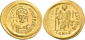 Justinian I, 527-565. Solidus (Gold, 21 mm, 4.49 g, 6 h), Constantinople, 9th officina = Θ, 545-565. D N IVSTINI - ANVS P P AVG Helmeted and cuirassed...