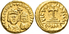 Heraclius, with Heraclius Constantine, 610-641. Solidus (Gold, 13 mm, 4.49 g, 6 h), Carthage or Sardinia, Indictional year 1 = A = 627-628. D N ERACLI...