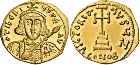 Tiberius III (Apsimar), 698-705. Solidus (Gold, 21 mm, 4.34 g, 6 h), Constantinople, 7th officina = Z. D tIbERIЧS PE AV Crowned and cuirassed bust of ...
