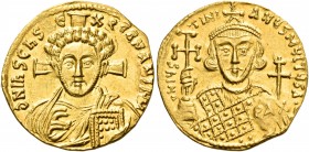 Justinian II, second reign, 705-711. Solidus (Gold, 21 mm, 4.27 g, 6 h), Constantinople, 705. d N IhS ChS RE-X REGNANTIUM Large draped bust of Christ ...