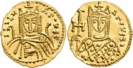 Irene, 797-802. Solidus (Gold, 20 mm, 3.89 g, 6 h), Syracuse, circa 797/8. IRIEN AΓOVST Bust of Irene facing, wearing chlamys and crown with pendilia ...