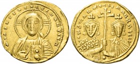 Constantine VII Porphyrogenitus, with Romanus II, 913-959. Solidus (Gold, 20.5 mm, 4.26 g, 6 h), Constantinople, 959. +IhS XPS REX REGNANTIЧm' Facing ...