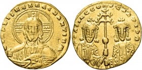 Basil II Bulgaroktonos, with Constantine VIII, 976-1025. Histamenon nomisma (Gold, 21 mm, 4.35 g, 6 h), Constantinople, 989-1001. +IhS XIS REX REGNANT...
