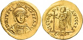 BURGUNDIANS. Sigismond, 516-524. Solidus (Gold, 20 mm, 4.43 g, 6 h), struck in the name of Justin I, probably Lyon, but without any mintmark (the IS o...