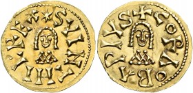 VISIGOTHS, Spain. Swinthila, 621-631. Tremissis (Gold, 21 mm, 1.34 g, 6 h), Cordoba. +SVINTHILA REX Facing bust. Rev. +CORDOBA PIVS Facing bust. CNV 2...