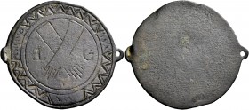 ENGLAND. Circa 17th century. Seal matrix (Copper, 36 mm, 6.63 g). A flat, one-sided circular AE plate with two opposed suspension loops (one bent shut...