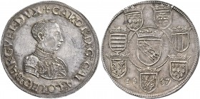FRANCE, Provincial. Lorraine, Duchy. Charles III le Grand, Duke, 1545-1608. Taler (Silver, 41 mm, 28.91 g, 3 h), Nancy, 1557. ☩CAROL:D:G:CALA:LOTHO:BA...