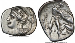 CALABRIA. Tarentum. Ca. 380-280 BC. AR diobol (12mm, 1.20 gm, h). NGC XF 4/5 - 4/5. Head of Athena left, wearing crested Attic helmet decorated with f...