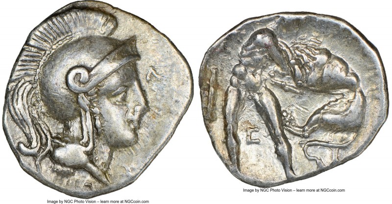 CALABRIA. Tarentum. Ca. 380-280 BC. AR diobol (12mm, 2h). NGC XF. Head of Athena...