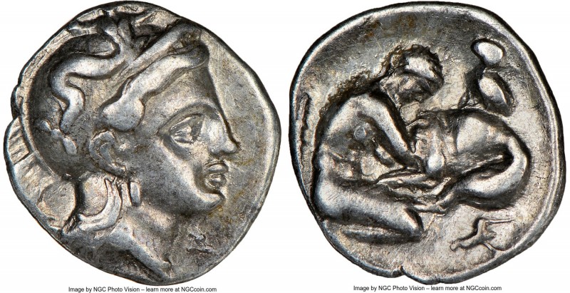 CALABRIA. Tarentum. Ca. 380-280 BC. AR diobol (12mm, 9h). NGC Choice VF. Head of...