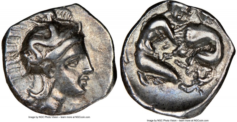 CALABRIA. Tarentum. Ca. 380-280 BC. AR diobol (12mm, 10h). NGC VF. Head of Athen...