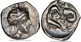 CALABRIA. Tarentum. Ca. 380-280 BC. AR diobol (12mm, 10h). NGC VF. Head of Athena right, wearing crested Attic helmet decorated with figure of Scylla ...