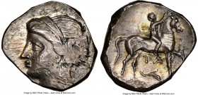 CALABRIA. Tarentum. Ca. 281-228 BC. AR stater or didrachm (20mm, 7.36 gm, 1h). NGC Choice AU 3/5 - 3/5. Campano-Tarentine series. Diademed head of nym...