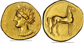 ZEUGITANA. Carthage. Ca. 350-320 BC. AV stater (19mm, 9.38 gm, 1h). NGC Choice AU 5/5 - 4/5. Bust of Tanit left, hair wreathed with barley ears, weari...