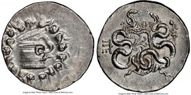 MYSIA. Pergamum. Roman Rule (ca. 133-67 BC). AR cistophorus (27mm, 12.54 gm, 12h). NGC AU 3/5 - 4/5. Cista mystica with serpent; all within ivy wreath...