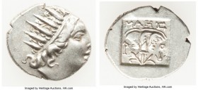 CARIAN ISLANDS. Rhodes. Ca. 88-84 BC. AR drachm (16mm, 2.32 gm, 12h). Choice VF. Plinthophoric standard, Maes, magistrate. Radiate head of Helios righ...