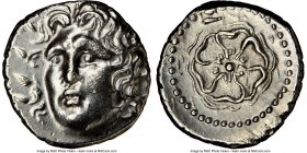 CARIAN ISLANDS. Rhodes. Ca. 84-30 BC. AR drachm (17mm, 11h). NGC AU, brushed, scuffs. Radiate head of Helios facing, turned slightly left, hair parted...