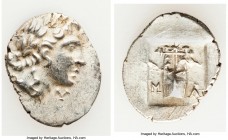 LYCIAN LEAGUE. Masicytes. Ca. 48-20 BC. AR hemidrachm (17mm, 1.92 gm, 1h). AU. Series 1. Laureate head of Apollo right; Λ-Y below / M-A, cithara (lyre...