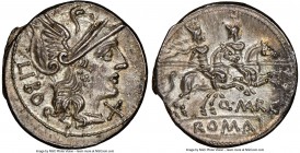 Q. Marcius Libo (ca. 148 BC). AR denarius (19mm, 3.92 gm, 5h). NGC Choice AU 5/5 - 4/5. Rome. LIBO, head of Roma right, wearing winged Attic helmet de...