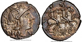Cn. Lucretius Trio (ca. 136 BC). AR denarius (18mm, 3.93 gm, 8h). NGC MS 5/5 - 5/5. Rome. TRIO, head of Roma right, wearing winged helmet decorated wi...