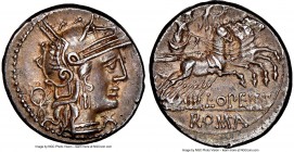 L. Opeimius (Ca. 131 BC). AR denarius (17mm, 3.96 gm, 3h). NGC AU 4/5 - 4/5. Rome. Helmeted head of Roma right with curl on left shoulder, X (mark of ...