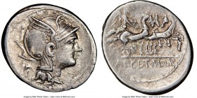 Titus Manlius Mancius, Appius Claudius Pulcher, and Q. Urbinius, moneyers (111-110 BC). AR denarius (20mm, 10h). NGC Choice VF. Rome. Head of Roma rig...