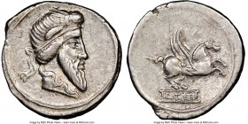 Q. Titius (90 BC). AR denarius (19mm, 7h). NGC XF. Rome. Head of Mutinus Titinus right, hair bound with winged diadem / Q. TITI on inscribed tablet fr...