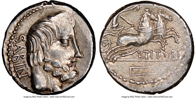 L. Titurius L.f. Sabinus (ca. 89 BC). AR denarius (18mm, 7h). NGC XF. Rome. SABI...