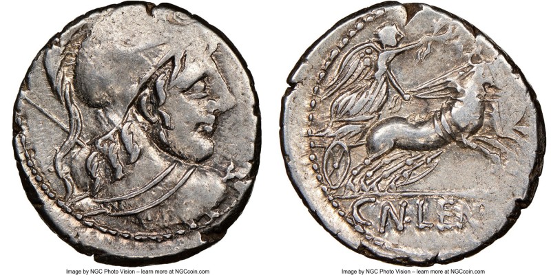 Cn. Lentulus Clodianus (88 BC). AR denarius (18mm, 7h). NGC XF. Helmeted bust of...