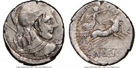 Cn. Lentulus Clodianus (88 BC). AR denarius (18mm, 7h). NGC XF. Helmeted bust of Mars right, seen from behind / CN•LENTVL, Victory in biga right, wrea...