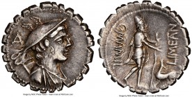 C. Mamilius Limetanus (ca. 82 BC). AR serratus denarius (19mm, 3.97 gm, 10h). NGC Choice XF 5/5 - 2/5, brushed. Rome. Draped bust of Mercury right, we...