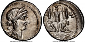 Julius Caesar, as Dictator (49-44 BC). AR denarius (17mm, 4.02 gm, 4h). NGC Choice AU 4/5 - 3/5, brushed. Military mint traveling with Caesar in Spain...