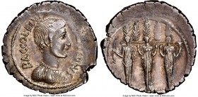 P. Accoleius Lariscolus (43 BC). AR denarius (21mm, 3.75 gm, 10h). NGC Choice AU 3/5 - 5/5. Rome. P ACCOLEIVS-LARISCOLVS, draped bust of Diana Nemoren...
