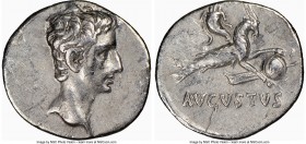 Augustus (27 BC-AD 14). AR denarius (19mm, 3.52 gm, 6h). NGC Choice VF 5/5 - 3/5. Spain (Colonia Patricia?), ca. 18-16 BC. Bare head of Augustus right...
