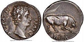 Augustus (27 BC-AD 14). AR denarius (18mm, 3.91 gm, 7h). NGC Choice XF 5/5 - 3/5, test marks. Lugdunum, ca. 15-13 BC. AVGVSTVS-DIVI•F, bare head of Au...