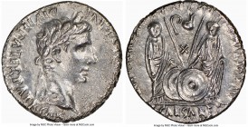 Augustus (27 BC-AD 14). AR denarius (17mm, 3.19 gm, 5h). NGC Choice AU 4/5 - 2/5. Lugdunum, 2 BC-AD 4. CAESAR AVGVSTVS-DIVI F PATER PATRIAE, laureate ...